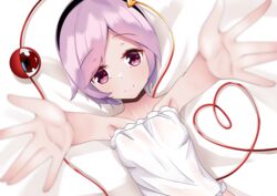  armpits bare_arms bare_shoulders black_hairband blurry blurry_foreground closed_mouth depth_of_field dutch_angle eyeball female foreshortening from_above hair_ornament hairband heart heart_hair_ornament heart_of_string highres komeiji_satori looking_at_viewer lying mantou_xiang on_back outstretched_arms purple_eyes purple_hair red_eyes short_hair smile solo third_eye touhou upper_body 