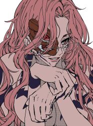  absurdres arm_tattoo black_nails breast_tattoo covering_breasts covering_privates cropped_torso earrings extra_eyes facial_tattoo female fingernails four_eyes genderswap_(mtf) glasses highres jewelry jujutsu_kaisen long_fingernails long_hair looking_to_the_side mesuki_peropero parted_bangs parted_lips pink_hair red_eyes rule_63 ryoumen_sukuna_(jujutsu_kaisen) sharp_fingernails shoulder_tattoo simple_background smile solo solo_focus tattoo thick_eyelashes white_background 