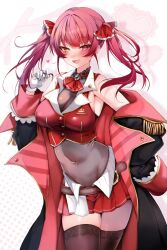  bare_shoulders belt_buckle black_coat blush bow bowtie breasts brooch brown_thighhighs buckle coat commentary covered_navel cowboy_shot cropped_jacket ecchibeef english_commentary epaulettes female gloves hair_ribbon heart heterochromia highres hololive houshou_marine houshou_marine_(1st_costume) jacket jewelry lace-trimmed_thighhighs lace_trim large_breasts miniskirt oerba_yun_fang off_shoulder open_mouth polka_dot polka_dot_background red_hair red_jacket red_skirt ribbon skin_fang skirt sleeveless sleeveless_jacket solo thighhighs twintails virtual_youtuber white_gloves 