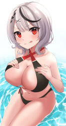  bikini black_bikini black_streaks blush breast_suppress breasts cleavage closed_mouth commentary_request criss-cross_halter female gradient_background hair_ornament halterneck hololive large_breasts licking_lips looking_at_viewer medium_hair multicolored_hair navel ramkilog red_eyes sakamata_chloe sitting sitting_on_water smile solo streaked_hair swimsuit tongue tongue_out virtual_youtuber water x_hair_ornament 