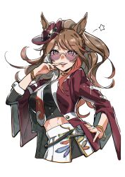 abs absurdres animal_ears black_shirt bracelet breasts brown_hair choker commentary_request cropped_torso ears_through_headwear fedora female forever_young_(racing)_(umamusume) forever_young_(umamusume) green_choker green_eyes hand_on_own_hip hat highres horse_ears horse_girl jacket jewelry large_breasts long_hair looking_at_viewer midriff multicolored_hair necktie ohayonabeno open_mouth ponytail red-tinted_eyewear red_jacket shirt simple_background skirt smile solo star_(symbol) streaked_hair sunglasses teeth tinted_eyewear umamusume upper_teeth_only white_background white_necktie 