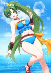  :d armpits bare_arms bare_legs bare_shoulders bikini blue_bikini blue_sky blush breasts brown_choker choker clam_shell cleavage cloud collarbone commentary_request earrings female finger_heart fire_emblem fire_emblem:_the_blazing_blade fire_emblem_heroes flower green_eyes green_hair hair_flower hair_ornament highres jewelry long_hair looking_at_viewer lyn_(fire_emblem) lyn_(lady_of_the_beach)_(fire_emblem) medium_breasts navel necklace ocean official_alternate_costume open_mouth outdoors ponytail sandals shell shell_necklace sky smile solo stomach strapless strapless_bikini swimsuit sylphy_fe teeth upper_teeth_only very_long_hair water 