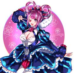  :d ;d arm_up blue_dress blunt_bangs breasts cleavage cross-laced_clothes cross-laced_dress dress facial_mark female fire_emblem fire_emblem_engage floral_background folded_twintails fur_wrist_cuffs hair_flaps hair_rings hand_up heart heart_facial_mark highres hortensia_(fire_emblem) looking_at_viewer medium_breasts multicolored_hair multicolored_tiara one_eye_closed open_mouth pink_eyes pink_hair rose_background sakurachanart02 sidelocks smile solo striped_clothes striped_dress two-tone_hair vertical-striped_clothes vertical-striped_dress w wrist_cuffs 