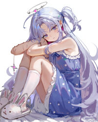  absurdres ahoge commentary_request dress female frilled_dress frills full_body haaakashi halo head_rest highres hugging_own_legs jewelry knees_to_chest knees_up long_hair looking_at_viewer nail_polish necklace original polka_dot polka_dot_dress purple_dress purple_eyes purple_hair purple_nails rabbit_slippers red_pupils side_ponytail simple_background sitting sleeveless sleeveless_dress socks solo very_long_hair white_background white_polka_dots white_socks 
