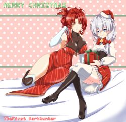  2girls absurdres artist_name black_boots blue_eyes boots bow bowtie breasts china_dress chinese_clothes christmas closed_mouth dress elbow_gloves full_body gift gloves hairbow hat highres holding holding_gift honkai_(series) honkai_impact_3rd invisible_chair knee_boots large_breasts long_hair looking_at_viewer multiple_girls murata_himeko polka_dot polka_dot_background red_bow red_bowtie red_dress red_hair red_skirt santa_hat shirt sitting skirt smile the_first_studio theresa_apocalypse thigh_boots white_gloves white_hair white_shirt yellow_eyes 