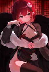  absurdres akane_lize arm_at_side beesing9 black_dress black_jacket black_thighhighs breasts cleavage closed_mouth commentary_request criss-cross_halter double-parted_bangs dress feet_out_of_frame female fingernails flower fur_shawl grey_eyes hair_between_eyes hair_flower hair_ornament halterneck hand_up highres indoors jacket korean_commentary large_breasts long_sleeves nail_polish no_panties open_mouth pienna_(akane_lize) red_hair red_nails shawl short_hair side_slit sitting sleeveless sleeveless_dress solo stellive straight_hair thighhighs virtual_youtuber white_flower 