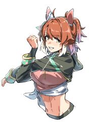  absurdres ahoge animal_ears black_leggings black_shrug blush breasts brown_eyes brown_hair commentary_request cropped_torso crossed_arms dantsu_flame_(center_spotlight)_(umamusume) dantsu_flame_(umamusume) ear_covers female grin hair_between_eyes highres hood hood_down hooded_shrug horse_ears horse_girl large_breasts leggings long_sleeves looking_at_viewer medium_hair midriff multicolored_hair navel ohayonabeno open_mouth pink_shirt shirt shrug_(clothing) simple_background smile solo stomach streaked_hair stretching teeth umamusume white_background white_hair white_streaks 