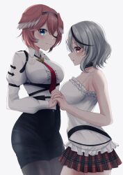  2girls 9696k absurdres bare_arms black_collar black_hairband black_shorts black_streaks blue_eyes breasts camisole collar commentary_request cowboy_shot frilled_camisole frills from_side grey_hair grey_pantyhose hair_ornament hairband head_wings high-waist_shorts highres holding_hands hololive large_breasts long_sleeves looking_at_viewer multicolored_hair multiple_girls necktie pantyhose parted_lips pink_hair puffy_sleeves red_eyes red_hair red_necktie sakamata_chloe sakamata_chloe_(1st_costume) shirt short_hair shorts simple_background skirt streaked_hair takane_lui takane_lui_(1st_costume) virtual_youtuber white_background white_camisole white_shirt wings x_hair_ornament 