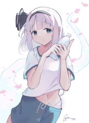  absurdres black_bow black_hairband bottle bow bow_hairband commentary falling_petals female green_shorts guaninekoubou gym_uniform hairband highres holding holding_bottle konpaku_youmu konpaku_youmu_(ghost) looking_at_viewer medium_hair midriff_peek navel panties panty_peek petals shirt shorts signature simple_background solo touhou underwear white_background white_hair white_panties white_shirt 