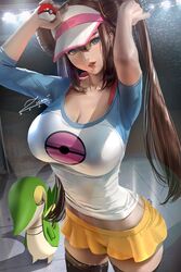  1girls 2021 alternate_breast_size bare_midriff blue_eyes brown_hair cleavage female human large_breasts long_hair looking_at_viewer miniskirt nintendo open_mouth pokeball pokemon pokemon_bw2 raised_arm raised_arms rosa_(pokemon) shadow signature smile snivy stadium sweat teeth thighhighs thin_waist tight_clothing twintails yellow_miniskirt yellow_skirt zumi 