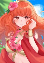  bikini blue_sky blush breasts brown_bikini celica_(fire_emblem) celica_(summer)_(fire_emblem) cleavage closed_mouth cloud commentary criss-cross_halter ell_0314 female fire_emblem fire_emblem_echoes:_shadows_of_valentia fire_emblem_heroes flower flower_hairband flower_necklace hair_flower hair_ornament hairband halterneck highres large_breasts lei long_hair looking_at_viewer official_alternate_costume orange_eyes orange_hair outdoors red_eyes red_hair red_shawl sash shawl sky smile solo stomach swimsuit 