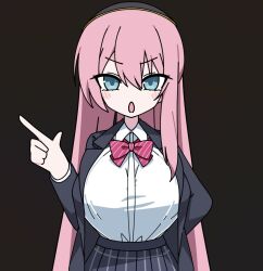 arm_behind_back black_hairband black_jacket black_skirt blue_eyes blush_stickers bow breasts brown_background channel_(caststation)_(style) collared_shirt commentary_request female hairband index_finger_raised jacket large_breasts looking_at_viewer megurine_luka nazunobasho open_clothes open_jacket open_mouth pink_hair plaid_clothes plaid_skirt pleated_skirt red_bow shirt simple_background skirt solo straight-on striped_bow upper_body vocaloid white_shirt 