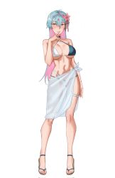  aqua_hair armpit_crease aroused ass_visible_through_thighs bare_arms bare_hips bare_legs bare_shoulders bikini blush breasts choker criss-cross_halter dangodes feet female green_bikini green_eyes halterneck highres kawashima_misato large_breasts long_hair looking_at_viewer multicolored_bikini multicolored_hair navel original sandals sarong see-through_clothes see-through_sarong simple_background swimsuit teeth toned toned_female two-tone_bikini two-tone_hair white_background white_bikini white_sarong 