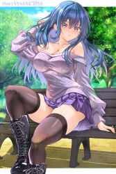  absurdres alternate_costume alternate_hair_length_(longer) arm_up armpit_crease bare_shoulders black_boots black_thighhighs blue_eyes blue_hair blue_sky blush boots breasts cleavage collarbone commentary_request earrings female female_byleth_(fire_emblem) fire_emblem fire_emblem:_three_houses highres jewelry large_breasts long_hair long_sleeves looking_at_viewer off-shoulder_sweater off_shoulder on_bench outdoors parted_lips pleated_skirt purple_skirt sitting skindentation skirt sky solo sweater thighhighs thighs tree wade_(njud8343) white_sweater 