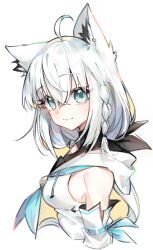  absurdres ahoge animal_ears bare_shoulders black_ribbon blue_eyes blue_neckerchief braid breasts closed_mouth commentary cropped_torso detached_sleeves double-parted_bangs female fox_ears from_side hair_between_eyes hair_ribbon highres hololive hood hooded_vest hoodie long_hair looking_at_viewer low_ponytail medium_breasts namonaki_yamada neckerchief ponytail raised_eyebrows ribbon shirakami_fubuki shirakami_fubuki_(1st_costume) sideboob sidelocks single_braided_sidelock smile solo upper_body vest virtual_youtuber white_hair white_sleeves white_vest 