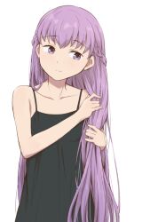  black_dress braid breasts closed_mouth commentary_request dress female fire_emblem fire_emblem:_the_binding_blade holding_own_hair kuhuku006f86 long_hair looking_to_the_side purple_eyes purple_hair simple_background smile solo sophia_(fire_emblem) spaghetti_strap upper_body very_long_hair white_background 