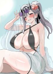  alternate_costume alternate_hairstyle artceister black_slingshot_swimsuit blush breasts criss-cross_halter curvy eyewear_on_head female goddess_of_victory:_nikke grin halterneck high_ponytail highres huge_breasts long_hair modernia_(nikke) ponytail purple-tinted_eyewear sitting slingshot_swimsuit smile solo sunglasses swimsuit thick_thighs thighs tinted_eyewear 