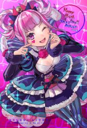  :d ;d blue_dress blue_pantyhose breasts commentary_request dated dress english_text eyelashes facial_mark female fire_emblem fire_emblem_engage flower from_above hair_rings happy_birthday heart heart_facial_mark highres hortensia_(fire_emblem) iipzeyjhms0dohl juliet_sleeves long_sleeves looking_at_viewer looking_up medium_breasts one_eye_closed open_mouth pantyhose pink_eyes pink_hair puffy_sleeves red_flower red_rose rose smile solo striped_clothes striped_pantyhose tongue translation_request vertical-striped_clothes vertical-striped_pantyhose watermark 
