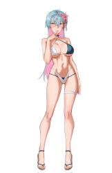  aqua_hair armpit_crease aroused ass_visible_through_thighs bare_arms bare_hips bare_legs bare_shoulders bikini blush breasts choker commentary criss-cross_halter dangodes english_commentary feet female green_bikini green_eyes halterneck highres kawashima_misato large_breasts long_hair looking_at_viewer multicolored_bikini multicolored_hair navel original sandals simple_background swimsuit teeth toned toned_female two-tone_bikini two-tone_hair white_background white_bikini 