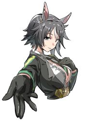  absurdres ahoge animal_ears belt black_gloves black_hair black_jacket black_necktie blue_eyes breasts brown_belt center_frills center_opening collared_shirt commentary_request cropped_torso female frilled_shirt frills fuji_kiseki_(shooting_star_revue)_(umamusume) fuji_kiseki_(umamusume) gloves highres horse_ears horse_girl jacket long_sleeves looking_at_viewer multicolored_hair necktie no_bra ohayonabeno parted_lips shirt short_hair simple_background smile solo umamusume white_background white_shirt 