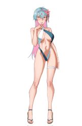  aqua_hair armpit_crease aroused ass_visible_through_thighs bare_arms bare_hips bare_legs bare_shoulders bikini blush breasts choker criss-cross_halter dangodes feet female green_bikini green_eyes halterneck highres kawashima_misato large_breasts long_hair looking_at_viewer multicolored_bikini multicolored_hair navel original sandals simple_background swimsuit teeth thigh_strap toned toned_female two-tone_bikini two-tone_hair white_background white_bikini 