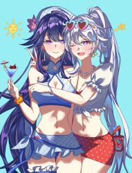  2girls bikini bikini_skirt blue_bikini blue_eyes blue_sky breasts cleavage cocktail_glass commentary cup drinking_glass elysium1nyou english_commentary eyewear_on_head heart heart-shaped_eyewear high_ponytail highres holding holding_cup honkai_(series) honkai_impact_3rd kiana_kaslana kiana_kaslana_(ba-dum!_fiery_wishing_star) large_breasts long_hair looking_at_viewer midriff multiple_girls navel official_alternate_costume polka_dot polka_dot_skirt ponytail purple_eyes purple_hair raiden_mei raiden_mei_(xentinel:_dawnbearing_crescent) red_skirt shirt skirt sky smile sun sunglasses swimsuit tied_shirt v very_long_hair white_hair white_shirt yuri 