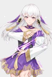  :o absurdres bare_shoulders blush breasts chinese_commentary collarbone commentary_request dress female fire_emblem fire_emblem:_three_houses hair_between_eyes hair_ornament highres long_hair long_sleeves looking_at_viewer lysithea_von_ordelia lysithea_von_ordelia_(timeskip) muk2o parted_lips pink_eyes simple_background solo thighs twintails white_background white_hair wide_sleeves 