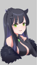  animal_ears bare_shoulders black_dress black_gloves black_hair black_shawl blue_archive breasts cleavage commentary cropped_torso dress female fingerless_gloves fur_shawl gloves green_eyes grey_background hair_ornament hand_up highres large_breasts long_hair looking_at_viewer missing_halo open_mouth ramkilog shawl shun_(blue_archive) simple_background smile solo upper_body 