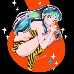  animal_print aqua_hair bikini boots commentary_request cone_horns female from_side full_body highres horns knee_boots long_hair looking_at_viewer lum muda_rengou_to_ziggy_stardust pointy_ears print_bikini print_boots sidelocks signature solo sparkle sparkling_aura swimsuit tiger_print tiger_print_bikini urusei_yatsura 