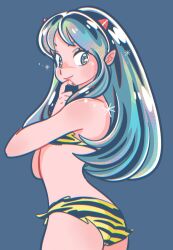  animal_print blue_background blue_hair cone_horns female from_behind highres horns long_hair looking_at_viewer looking_back lum muda_rengou_to_ziggy_stardust pointy_ears simple_background solo tiger_print tiger_print_bikini urusei_yatsura 