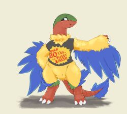  2026 4chan_anon absurd_res ambiguous_anthro ambiguous_gender anthro archeops barefoot bent_arm biped black_clothing black_shirt black_topwear blue_body blue_eyes blue_feathers bottomless bottomless_ambiguous bottomless_anthro claws closed_smile clothed clothed_ambiguous clothed_anthro clothing digital_drawing_(artwork) digital_media_(artwork) digitigrade english_text feathers featureless_crotch feet finger_claws fossil_pokemon full-length_portrait generation_5_pokemon glistening glistening_eyes green_body head_turned hi_res humor iris mouth_closed nintendo number_on_clothing number_on_shirt number_on_topwear pokemon pokemon_(species) portrait pupils red_body red_tail red_text shaded shadow shirt simple_background smile solo standing tail tail_feathers tan_background text text_on_clothing text_on_shirt text_on_topwear toe_claws topwear unknown_artist white_sclera winged_arms wings yellow_body yellow_feathers 