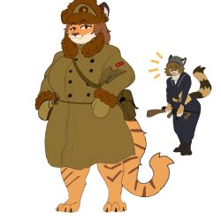  absurd_res anthro armor barefoot belt boots clothing coat duo ears_up eyebrows feet felid feline female footwear fur gloves gorgonwriting gun handwear hat headgear headwear helmet hi_res looking_at_viewer mammal military military_uniform open_mouth orange_eyes pantherine ranged_weapon shoes smile smiling_at_viewer soldier striped_body stripes tail tiger topwear uniform warrior weapon wearing_hat yelling yelling_at_another 
