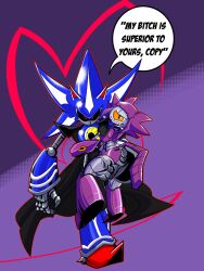  1_eye 2026 3:4 anthro biped black_sclera blue_body cape carrying_another carrying_partner clothed clothing crossover dialogue digital_drawing_(artwork) digital_media_(artwork) duo english_description english_text felid feline female gameoverse glitch_productions grey_body heart_symbol hi_res holding_partner looking_at_viewer male male/female malice_(gameoverse) mammal mrstressor multicolored_body neo_metal_sonic orange_sclera profanity pupils purple_background purple_body red_eyes robot_anthro sega sharp_teeth simple_background slit_pupils sonic_the_hedgehog_(series) speech_bubble tail talking_to_viewer teeth text two_tone_body 