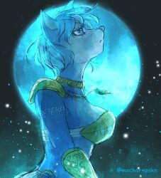  anthro armor blue_body blue_fur blue_hair body_armor canid canine choker countershade_face countershade_torso countershading female fox fur hair jewelry krystal_(star_fox) mammal mocharepskn moon necklace nintendo shoulder_pads solo sparkles star_fox twitter_handle vambrace white_body white_fur 