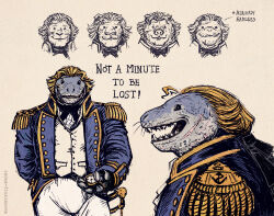  accessory analog_watch anthro aquatic artist_name black_necktie blonde_hair bottomwear clock clothing english_description english_text epaulet facial_scar hair hi_res holding_object holding_pocketwatch jack_aubrey jacket leona-florianova leopard_seal male mammal master_and_commander:_the_far_side_of_the_world melee_weapon military_uniform multiple_angles navy_uniform necktie pants pinniped pocketwatch rococo_clothing royal_navy_(uk) scar seal sharp_teeth shirt simple_background smile solo sword tan_background teeth text topwear uniform vest watch weapon 