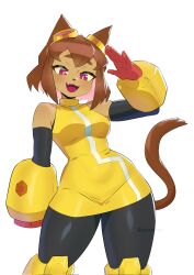  :d animal_ears black_pants breasts brown_hair cat_ears cat_girl cat_tail commentary female gameoverse gloves goggles goggles_on_head highres junii-owl kit_bodega looking_at_viewer medium_breasts oerba_yun_fang open_mouth pants red_eyes red_gloves salute shirt short_hair simple_background sleeveless sleeveless_shirt smile solo standing tail twitter_username white_background yellow_shirt 