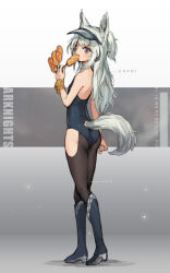  animal_ears arknights asicah ass bare_shoulders black_pantyhose blue_boots boots bracelet character_name clothing_cutout commentary eating female food from_behind full_body grani_(arknights) grey_hair hip_vent holding holding_food horse_ears horse_girl horse_tail hot_dog jewelry knee_boots leotard long_hair looking_at_viewer looking_back one-piece_swimsuit pantyhose ponytail purple_eyes solo standing swimsuit tail tail_through_clothes visor_cap 