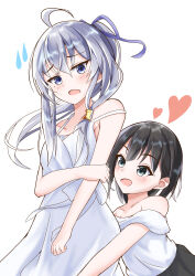  2girls absurdres ahoge bare_shoulders black_hair blush breasts cleavage collarbone commentary_request dress elaina_(majo_no_tabitabi) grey_eyes grey_hair gurin_(cakx8782) hair_between_eyes highres long_hair looking_at_another majo_no_tabitabi multiple_girls open_mouth saya_(majo_no_tabitabi) short_hair small_breasts smile white_dress 