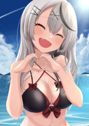  :d absurdres bikini black_bikini black_streaks blue_sky blush breasts cleavage closed_eyes cloud collarbone commentary_request day facing_viewer female grey_hair hair_between_eyes hair_ornament hairclip hands_up happy heart heart_hands highres hololive large_breasts long_hair multicolored_hair ocean oerba_yun_fang open_mouth outdoors ramkilog sakamata_chloe sky smile solo streaked_hair sun swimsuit upper_body virtual_youtuber water x_hair_ornament 