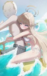  1boy absurdres alternate_costume bikini black_halo black_shorts blonde_hair blue_archive blue_eyes blue_halo blush braid breast_press breasts closed_mouth commentary doodle_sensei_(blue_archive) female half_up_braid halo highres hug hug_from_behind large_breasts long_hair maji_(majidesu3) multicolored_halo ocean official_alternate_hairstyle sensei_(blue_archive) shorts sitting swimsuit toki_(blue_archive) two-tone_halo very_long_hair water wet white_bikini 