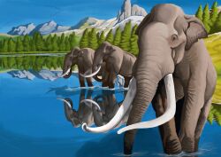  2024 absurd_res agustindiazart ambient_bird ambient_bison ambiguous_gender elephantid feral forest grass grey_body grey_skin group hi_res lake mammal mammoth mountain plant prehistoric_species proboscidean proboscis_(anatomy) quadruped southern_mammoth tree trio trunk_(anatomy) tusks walking 