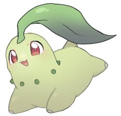  2026 ambiguous_feral ambiguous_gender chikorita colored feral full-length_portrait generation_2_pokemon green_body green_skin head_leaf leaf leaf_(anatomy) nintendo open_mouth open_smile pokemon pokemon_(species) portrait red_eyes simple_background smile solo tiny_tail white_background white_sclera yakiniku628 