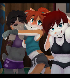  abs absurd_res amber_(bluecoffeedog) anthro athletic athletic_female athletic_wear badger bea_(ketzio_and_gbb) bottomwear bra bridgette_(seabridgedrive) clothing domestic_cat felid feline felis female group gym gym_bottomwear gym_shorts hair hi_res ketzio lagomorph leporid mammal mustelid musteline ponytail punching_bag rabbit selfie shirt shorts sports_bra tank_top topwear trio underwear 