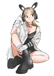  alclskii animal_ear_headphones animal_ears arm_belt arm_warmers black_boots black_dress black_eyes blonde_hair boots commentary_request dress fake_animal_ears female full_body headphones headset highres knee_up long_hair looking_at_viewer looking_to_the_side nail_polish original red_nails shirt simple_background sitting white_arm_warmers white_background white_shirt 