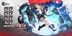  ass azur_lane black_boots black_dress black_gloves blue_dress blush boots bow breasts bristol_(azur_lane) bristol_(meta)_(azur_lane) brown_hair character_name closed_eyes commentary copyright_name dress english_commentary english_text expression_chart female from_below from_side frown full_body gloves hair_between_eyes hairbow hat high_heel_boots high_heels highres holding holding_lantern lantern legs long_sleeves looking_at_viewer looking_down medium_breasts medium_hair microdress multiple_thigh_straps official_art promotional_art rigging shaded_face shirt_under_dress smile solo striped_bow surprised thigh_strap thighs torn_clothes torn_dress upskirt worried yellow_eyes 