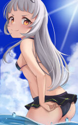  absurdres adjusting_clothes adjusting_swimsuit arched_bangs ass bikini black_bikini blue_sky blush breasts closed_mouth cloud commentary_request cowboy_shot day female from_side grey_hair highres hololive light_rays long_hair looking_at_viewer looking_back murasaki_shion ocean orange_eyes outdoors partial_commentary petite ramkilog sky small_breasts smile solo swimsuit v-shaped_eyebrows virtual_youtuber wading water yellow_eyes 