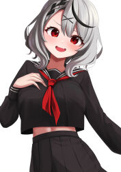  absurdres black_serafuku black_shirt black_skirt black_streaks blush breast_suppress breasts commentary_request cowboy_shot crop_top crop_top_overhang female grey_hair hair_ornament highres hololive large_breasts long_sleeves looking_at_viewer medium_hair midriff multicolored_hair navel neckerchief oerba_yun_fang open_mouth pleated_skirt ramkilog red_eyes red_neckerchief sakamata_chloe school_uniform serafuku shirt simple_background skirt smile solo streaked_hair virtual_youtuber white_background x_hair_ornament 