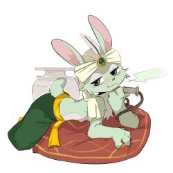  1:1 2025 anthro bedroom_eyes biped bottomwear cel_shading closed_smile clothed clothed_anthro clothed_male clothing countershading cushion digital_drawing_(artwork) digital_media_(artwork) fur furgonomic_headwear furgonomics green_bottomwear green_clothing green_eyes green_pants grey_body grey_fur half-closed_eyes headgear headwear hi_res lagomorph leporid light_blush lying male male_anthro mammal mouth_closed multicolored_body multicolored_fur narrowed_eyes on_front pants rabbit rabbit_ears religious_clothing religious_headwear sash scut_tail seductive shaded short_tail side_view simple_background slim slim_anthro slim_male smile solo tail topless topless_anthro topless_male turban two_tone_body two_tone_fur vitame83 white_background white_body white_countershading white_fur 