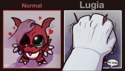  anthro bandai_namco big_eye dialogue digimon digimon_(species) doragy generation_2_pokemon group guilmon happy headpat heart_symbol human humanoid legendary_pokemon lugia male mammal meme nintendo pokemon pokemon_(species) red_body red_eyes size_difference smaller_male smile white_body 