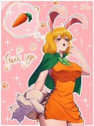  blonde_hair bob_cut breasts brown_eyes capelet carrot carrot_(one_piece) commentary_request cowboy_shot cross-laced_clothes cross-laced_dress dress eyelashes female green_capelet highres one_piece orange_dress pink_background rabbit_girl saliva signature smile solo sparkle thank_you yorumesi_j 
